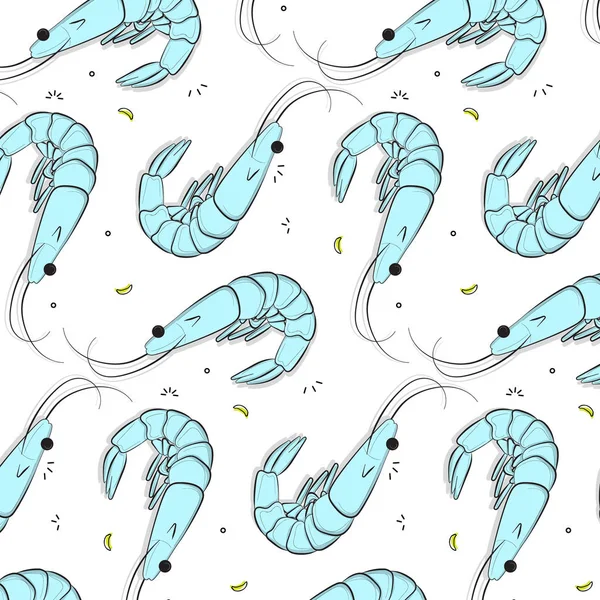 Vector shrimp pattern. Fresh tiger prawn lunch texture. Restaurant delicious food textile print. Ocean healthy food diet fabric wallpaper — Stock Vector