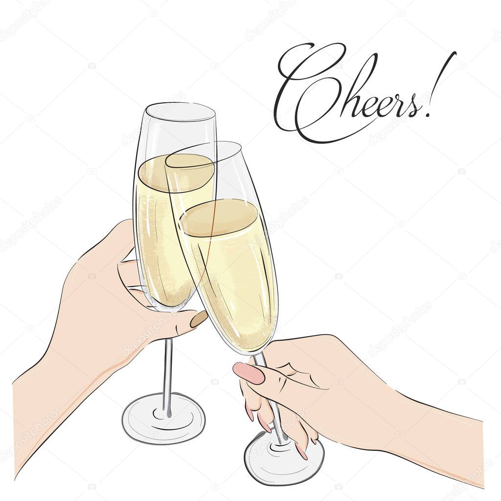 Cheers vector illustration. Glasses with champagne alcohol  and cheers typography. Happy anniversary, wedding, party sign. Restaurant lettering print.