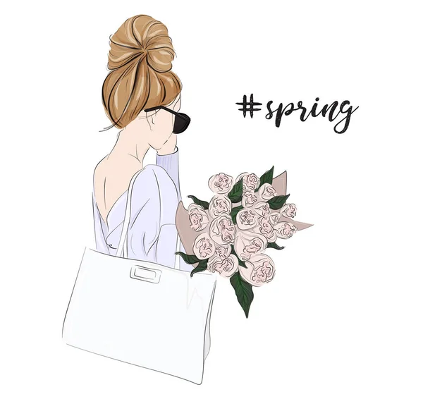 Vector fashion glamour illustration of dirl holding bouquet of flowers. Tender woman with roses spring portrait. Beautiful floral lifestyle card. Positive mood young model in sunglasses and sweater — Stock Vector