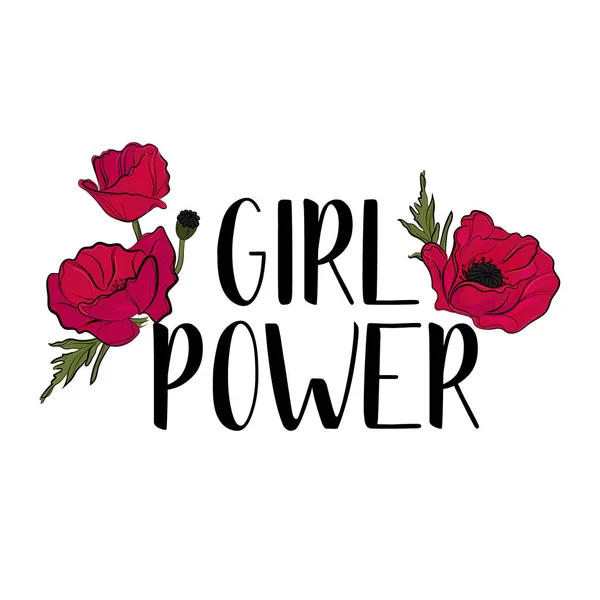 Typography feminist slogan with cute red flowers vector for t shirt printing and embroidery, Graphic tee with Girl Power slogan and poppy for printed tee — Stock Vector