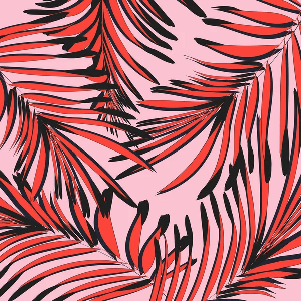 Векторний ботанічний літній візерунок рожево-червоного кольору. Листя текстури з тропічним оздобленням. Відновлення екзотичних графічних шпалер. Острівний племінний інтер'єр квітковий елемент. 2018 джунглі — стоковий вектор