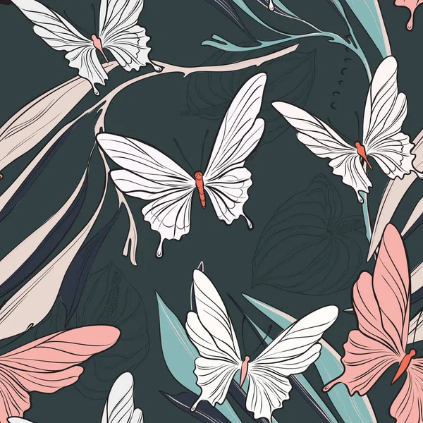 검은 벽지에 있는 기하학적 반복 나비 패턴. 봄 마카 몬 과 식물 배경. 바다없는 표면 곤충의 자연 예술 — 스톡 벡터