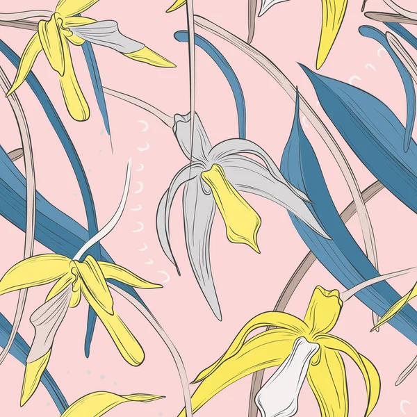 Modello di bouquet di orchidee morbide botaniche esotiche nei colori giallo e blu rosa. Hawaiian pianta fioritura carta da parati texture. Astratto sfondo scarabocchio botanico — Vettoriale Stock
