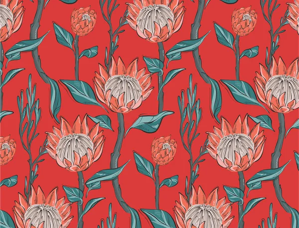 Red Protea with leaves seamless pattern design. Hand-drawn flower sketch. Botanical line art drawing, seamless foliage background. Design  website cover, fabrics background — Stock Vector
