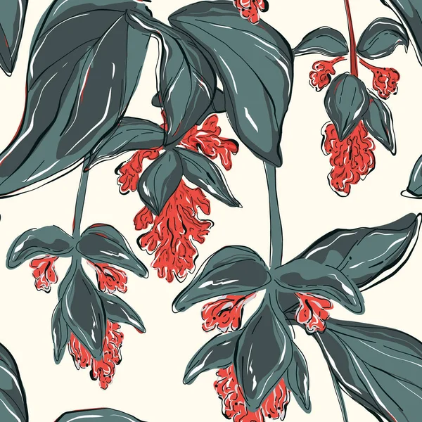 Gyönyörű zöld leves és vörös virágok évjárat Virágos minta. Trópusi egzotikus virágzó botanikai motívumok függőleges lenyomata. Zökkenőmentes vektor textúra divat nyomatok vektorban — Stock Vector