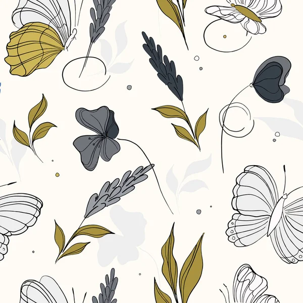 Répétition géométrique motif papillon. Printemps machaon bleu vert et le fond des plantes. Insecte de surface sans couture art nature — Image vectorielle