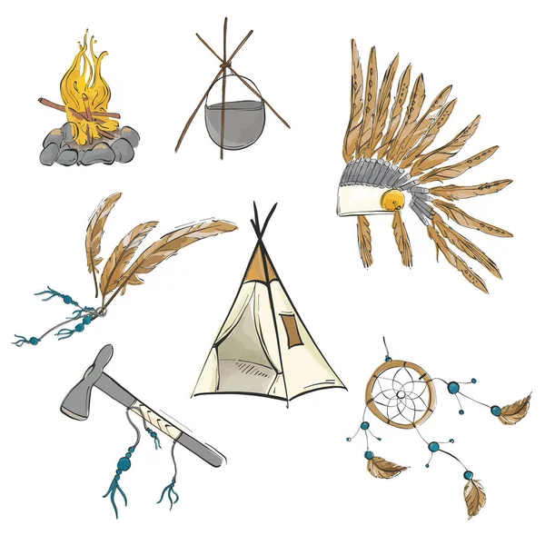 아메리칸 인디언웨리어 (Indian warior) 빈티지 보헤미안 스케치. 티피,워 보닛, 인도 산 도끼 꿈의 사냥꾼 보호 수 족 부족의 지문. 아이들 이 손으로 그린 요소들을 다루는 모습 — 스톡 벡터