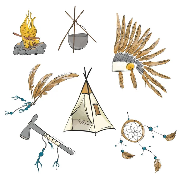 Domorodý americký indiánský válečník, skica bohémského původu. Teepee, warbonnet, indiánská sekera, chytač snů boho siouxský kmenový otisk. Školky děti ručně kreslené prvky pozadí — Stockový vektor