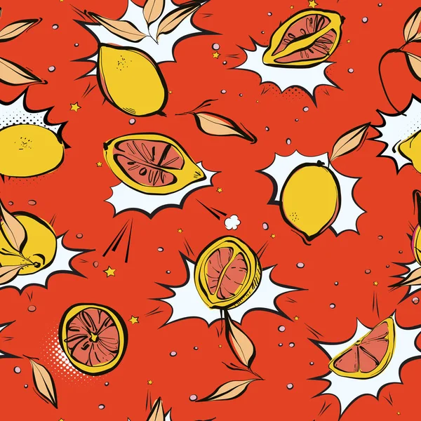 Lemon fresco pop arte padrão moderno citrinos suculentos, arte de estilo cômico, impressão de alimentos de papelão em contraste fundo laranja . — Vetor de Stock