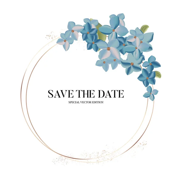 Hydrangea flores azuis 3d círculo realista salvar o cartão de data no vetor. Verão natureza casamento cartão, design floral, modelo de ilustração tropical vintage, brochura de aniversário, saudação — Vetor de Stock