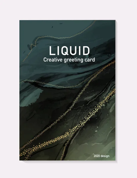 Affiche vectorielle en marbre d'or vert contrasté, carte de vœux à l'encre d'alcool pastel, bannière de site Web encrée, emballage abstrait avec fond liguid flows — Image vectorielle