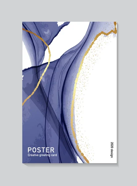 Vector contrast navy marble ink with glden sparkles poster, alcohol ink navy greeting card, website banner, abstract concept with liguid flows background — Stock vektor