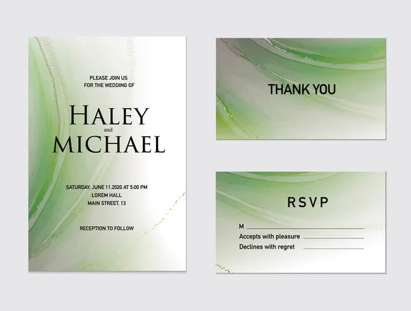 Vector soft green tender texture with liquid flow and gold marble strokes, perfect decoration for wedding invitation, rsvp card, bridal concept, tender soft decor — Stock Vector