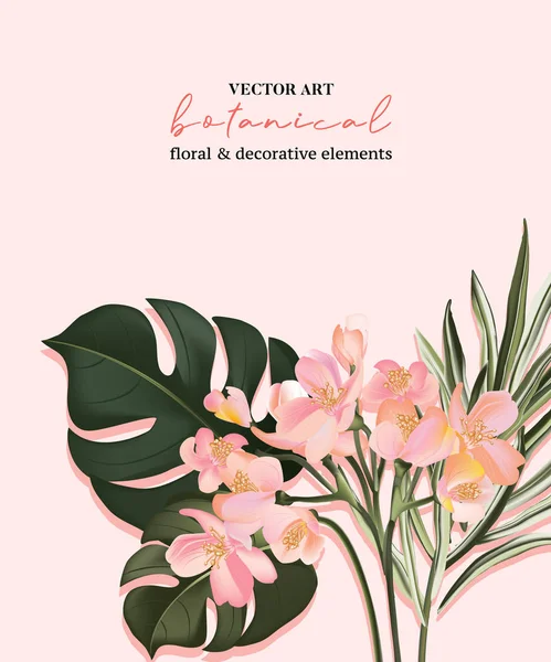 Botanică pasăre exotică de flori paradis și frunze de palmier design șablon carte de invitație, verde split-frunze Philodendron plantă pe fundal roz, stil minimalist vintage — Vector de stoc