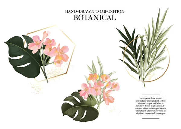 Acuarela dibujada a mano exóticas plantas conjunto. Hojas realistas y colorido diseño de flores tropicales con elementos de marco y texto de oro, logotipo de lujo, diseño de plantilla de marca. Paraíso partido arte en vector — Archivo Imágenes Vectoriales