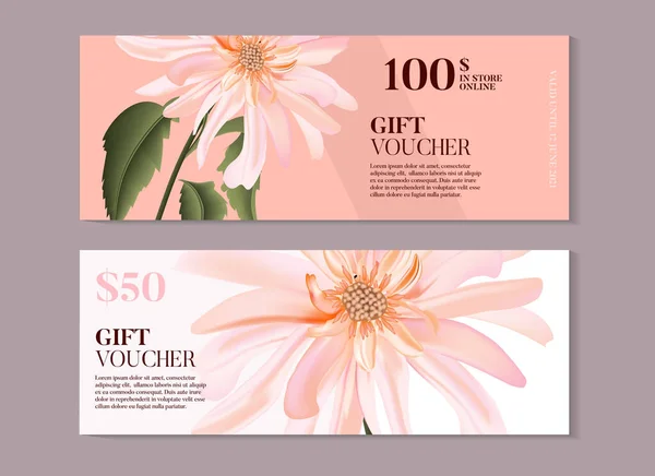 Élégant modèle de bon cadeau fleur magnolia en vecteur. Concept d'entreprise dessiné à la main pour bannière, salon de beauté, spa, produits faits à la main, design d'emballage écologique — Image vectorielle