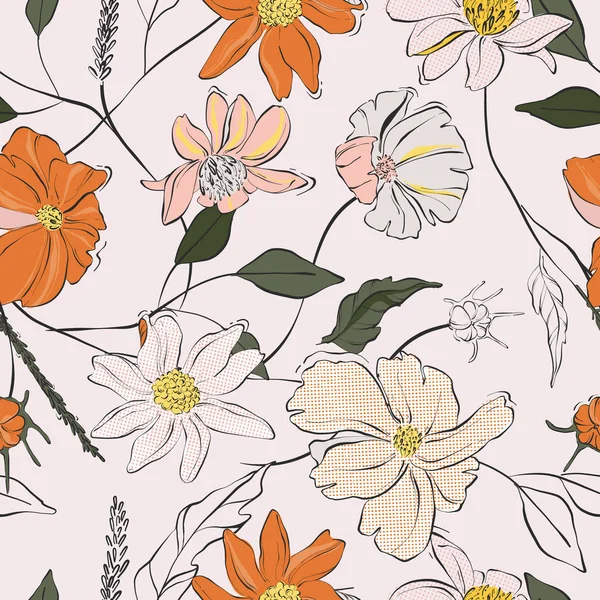 Vecteur fleuri d'oranger, motif d'illustration magnifique dessiné à la main avec des feuilles de jungle et croquis floraux. Conception de nature — Image vectorielle