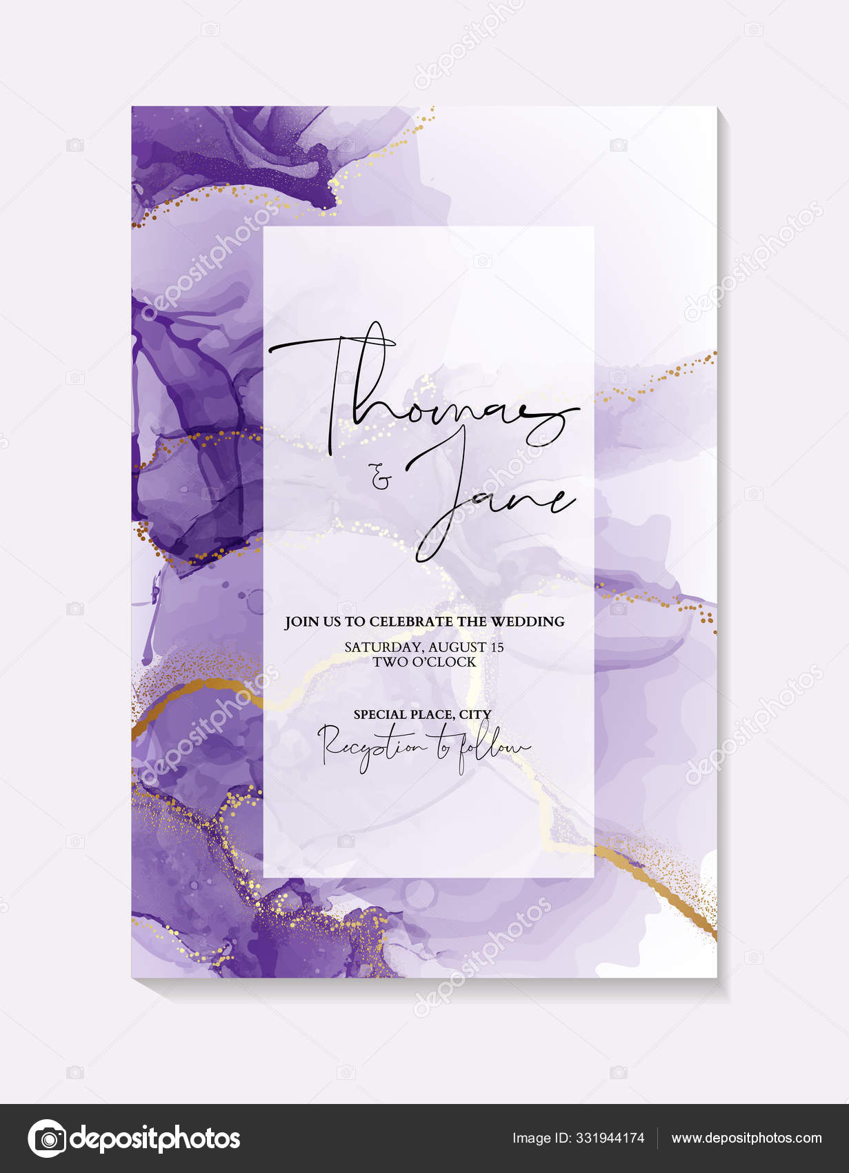 Romantic tender brush stroke watercolor background with glitter foil golden  design for wedding invitation, save the date and thank you cards. With  place for text. Tender rose gold modern template. Stock Vector