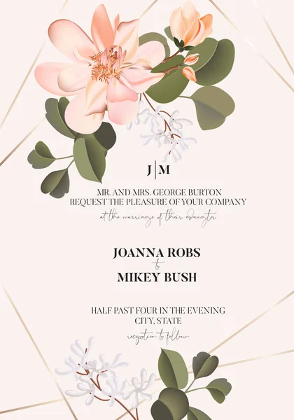 Realistic pink Rose flower with greenery leaves, spring vector wedding card with gold frame elements, greeting invitation template. Summer Blossom, watercolor illustration on beige background — 스톡 벡터