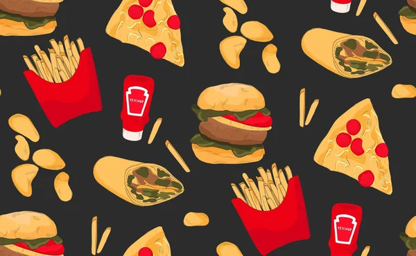 Illustration de restauration rapide : pizza, frites, hamburger, chips, burritos modèle de culture culinaire américaine. Dîner ou déjeuner repas, conception de la malbouffe sur fond sombre. Menu, décoration de restaurant — Image vectorielle