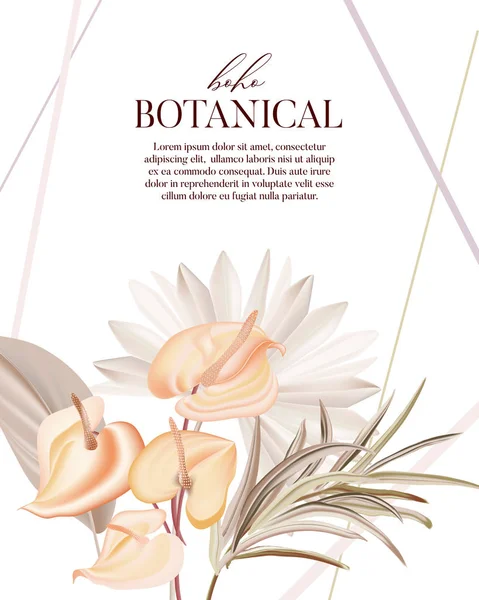 Planta bohemia: pampas, palmeras secas, orquídeas, flores vectoriales realistas de calas. Moderno diseño boho de hierba de marfil, plantilla de tarjeta de boda. con purpurina dorada, letras dibujadas a mano y ramo — Archivo Imágenes Vectoriales