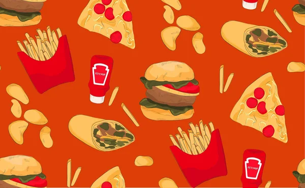 Illustration de restauration rapide : pizza, frites, hamburger, chips, burritos modèle de culture culinaire américaine. Dîner ou repas du midi, conception de la malbouffe sur fond de contraste orange — Image vectorielle