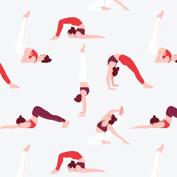 参加夏季室内瑜伽活动的人的集合:不同的运动姿势,冥想活动. 卡通人物用矢量刻画夏季图案. 红色灰色调色板 — 图库矢量图片