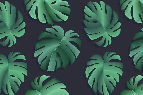 Canavar gibi gerçekçi bir yaprak. Tropik orman palmiyesi yaprakları, arka planda çiçek desenleri. Sümer bitkisi plaj dekorasyonu vektörde — Stok Vektör