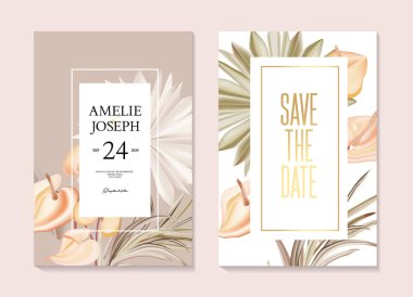 Pampas grass, calla hawaiian botanical romantic plant realistic vector illustration. Wedding party invitation, bridal shower, exotic buds with soft beige elements clipart
