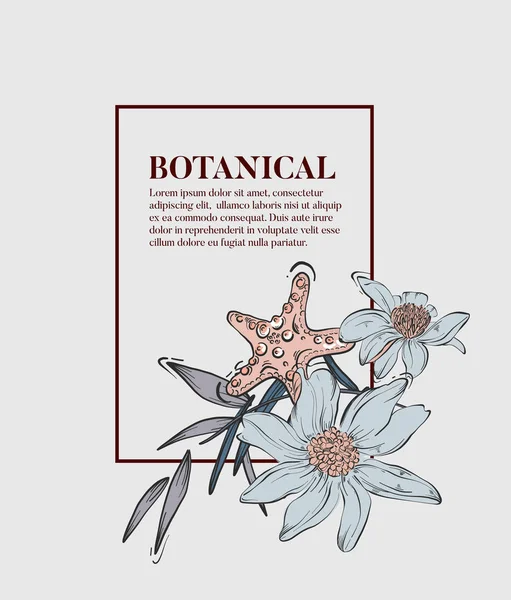 Outline florals: flores de magnólia, folhas, concha estrela buquê de decoração de verão. Natureza vintage casamento linha arte desenho, vetor reatro design, casamento romântico coleção — Vetor de Stock