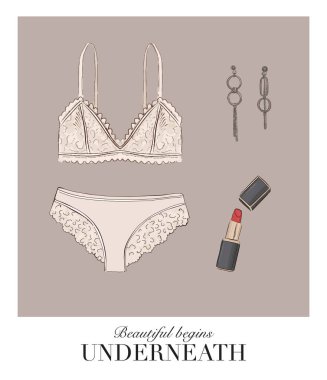 Bralette and undies set lingerie collection, red lipstick, silver earrings ligerie store illustration in vector. Undies and bra boutique template card with quote text clipart