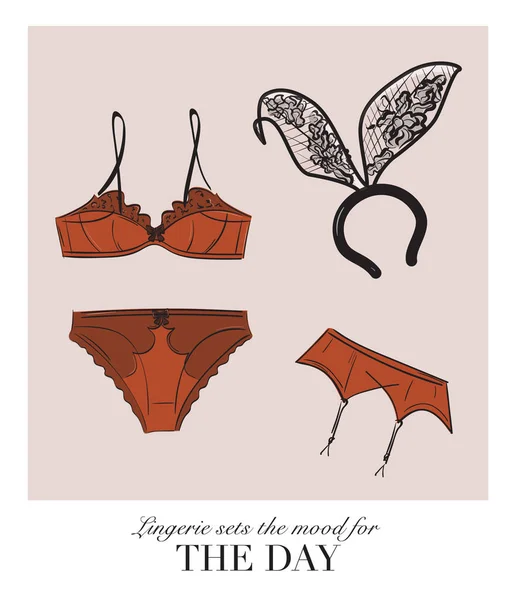 Sexy lingerie set, bra and undies underwear collection with bunny ears playtime illustration. Plus size undergarment collection with quote text. Lingerie store luxury design — Stock Vector