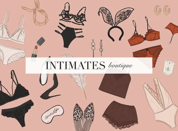 Sexy lingerie set, BH en ondergoed collectie, kant bodysuit, slaapmasker speeltijd illustratie.Onderkleding collectie template. Lingerie winkel luxe design, meisjes geheime macht kunst — Stockvector