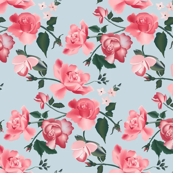 Rosas retro patrón realista. Rosas rojas modernas romántica textura de la planta con hojas verdes, diseño de tela — Vector de stock