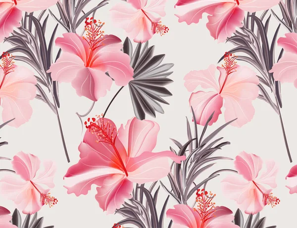 ピンクハイビスカスの夏のパターン ビーチの花の植物の質感 パラダイス海岸夏の熱帯ジャングルの装飾 ベクトルデザイン — ストックベクタ