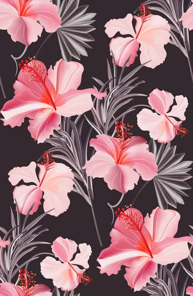 Escuro Rosa Hibisco Tropical Floral Padrão Papel Parede Cor Abstrato — Vetor de Stock