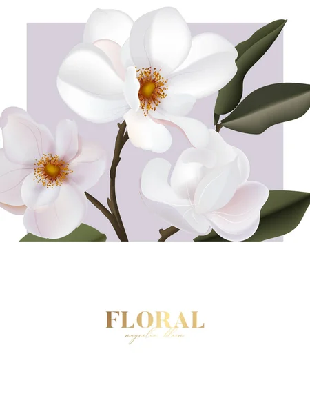 Magnolia Vetor Cartão Flor Com Texto Dourado Design Casamento Feriado —  Vetores de Stock