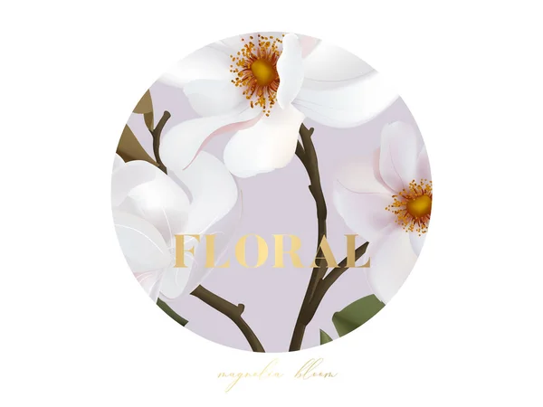 Magnolia Tarjeta Flores Vector Realista Con Texto Oro Diseño Boda — Archivo Imágenes Vectoriales