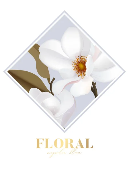 Magnolia Flor Blanca Aislada Marco Rectángulo Con Letras Texto Oro — Archivo Imágenes Vectoriales