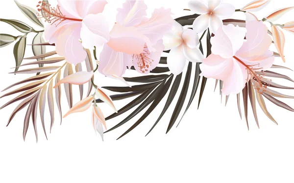 Aquarela Pintado Mão Hibisco Banner Floral Palma Isolado Fundo Branco — Vetor de Stock