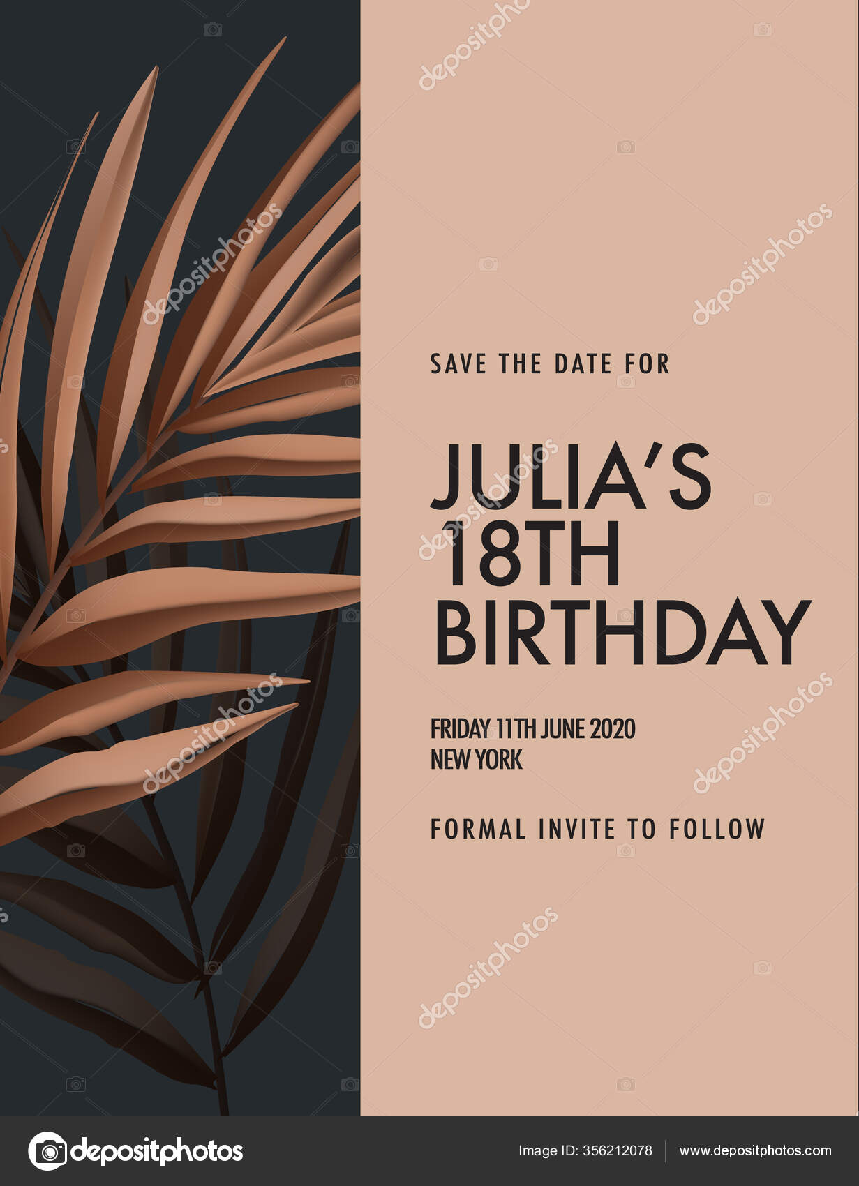 Fondo moderno de palmera tropical seca. Paradise vintage arte floral oscuro.  Diseño de la tarjeta de cumpleaños, guardar la tarjeta de fecha, saludo de  vacaciones, fiesta de invitación. Vector Vector de stock #, image size:1231x1700