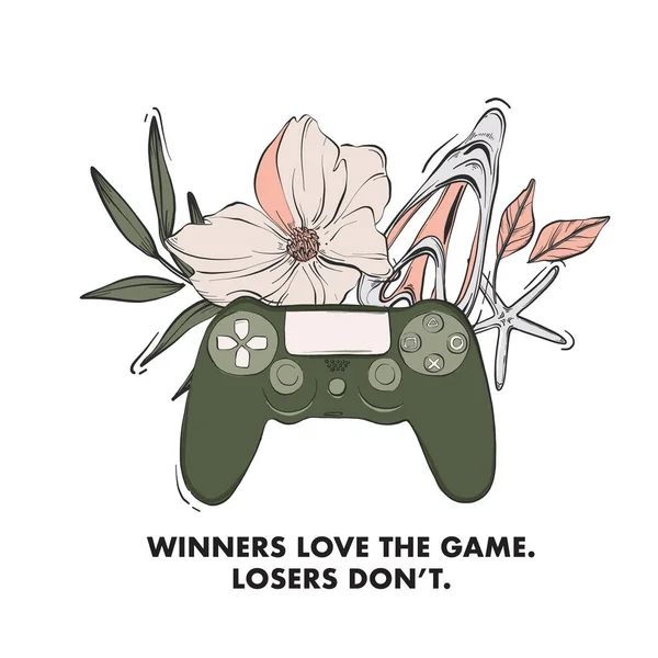 Konzole gamepad elektronické vynalézat s květinovým konceptem citace, motivační text roztomilý ikony ilustrace. Inspirace slogan art print. Vektor — Stockový vektor