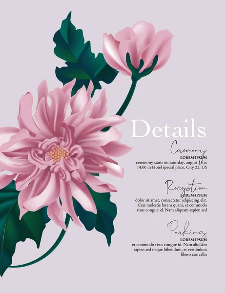 Flor de dalia violeta, diseño de girasol macro, tarjeta de flor floral. Arte de felicitación navideña vintage. Planta vectorial — Vector de stock