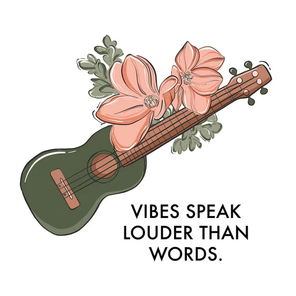 Ukulele, gitar enstrümanı çiçek açan modern yaşam tarzı alıntısı. Müziğin sesi daha yüksek. Eski moda tasarım. Vektör tişört şablonu, giysi tasarımı, resim baskısı, poster — Stok Vektör