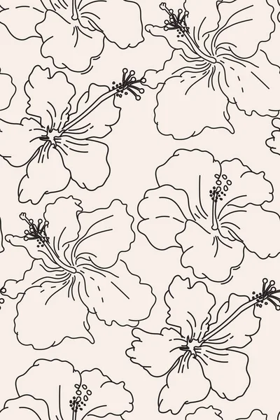 Line Art Florales Hibiskusmuster Nahtlose Stoffdekoration Umrisse Exotische Blumen Unterschiedliche — Stockvektor