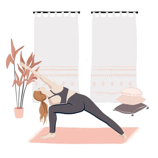 Woman doing stratching. Indoor sport class, Flexibility lesson, girl doing yoga at home during self isolation cartoon flat illustration in vector — Stock Vector