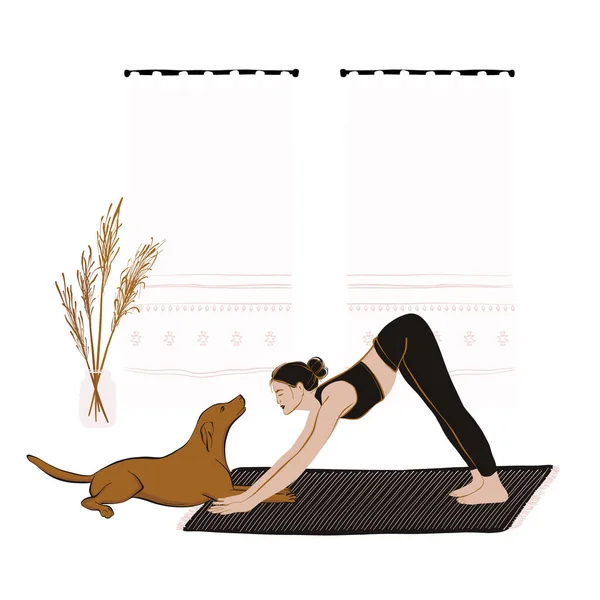 Kvinna som gör yoga med hund hemma under coronavirus isolering. Vektor tecknad människor platt illustration set, sport aktivitet inomhus, inredning. Fjärrlektion, träning, fitness — Stock vektor