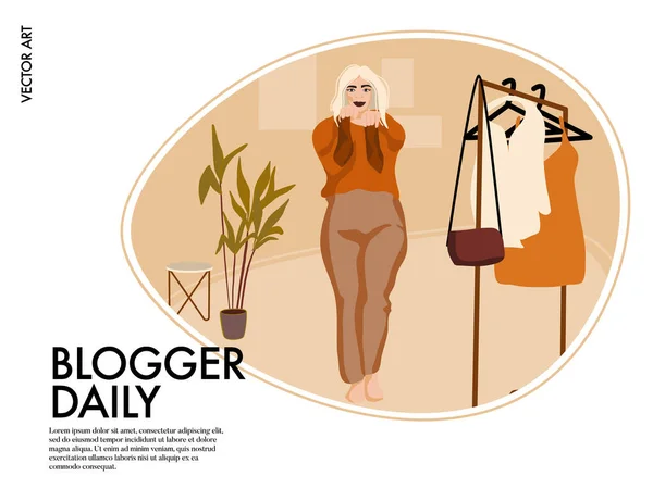 时尚视频博客 女人与衣柜插图 卡通人物在家里穿衣购物 网上购物媒介艺术 — 图库矢量图片