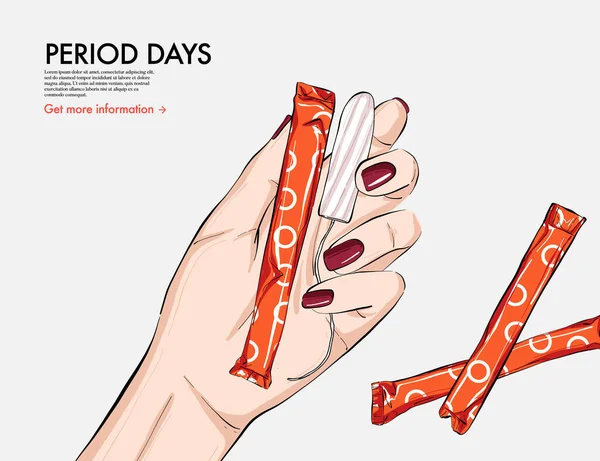 Tampon menstruation cykel kvinnlig period illustration. Kvinna som håller organisk, bekväm tampong reklam, online sociala medier innehåll banner. Hygien skönhet egenvård månatliga pms ritning. vektor — Stock vektor