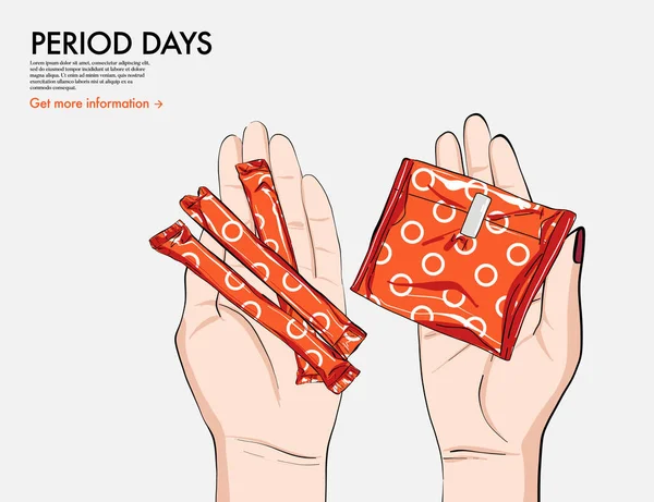 Menstruatiepads Tampons Bij Hand Vectorillustratie Menstruatiepad Ultradun Maandverband Hygiënische Servetten — Stockvector